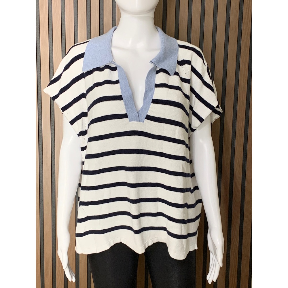 Talbots Plus 2X Striped Cotton Knit Polo Sweater Top White Navy Blue V-Neck